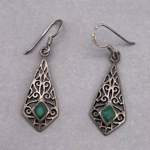 925 Sterling Silver Stone Filigree Dangle Drop Hook Earrings Oxidized Finish - Picture 3 of 7